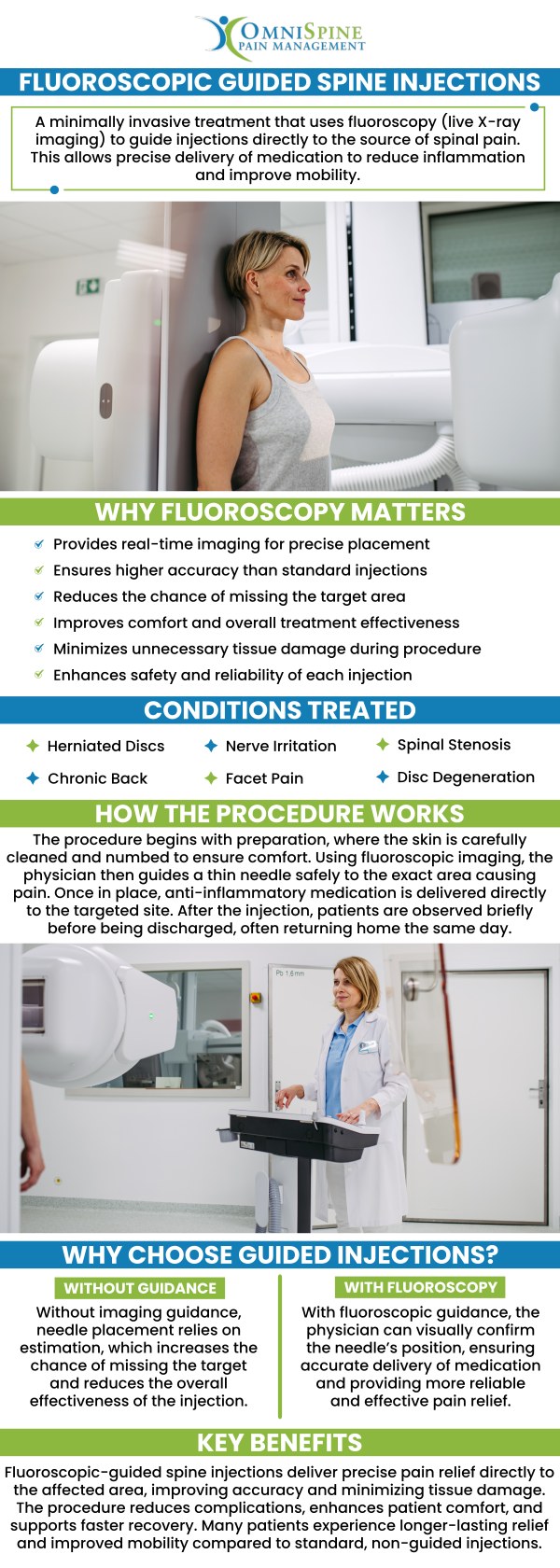 Fluoroscopic guided steroid injections offer several benefits in the field of pain management and spinal care. For certain spinal conditions, fluoroscopic guided injections can provide a less invasive alternative to surgery, allowing patients to manage their pain and improve their quality of life. Learn more about fluoroscopic guided spine injections today. Dr. Andrew Morchower at OmniSpine Pain Management is here to help you. For more information, contact us today or request an appointment. You can find our clinics in Frisco, TX, Sunnyvale, TX, and Mesquite, TX. Fluoroscopic guided steroid injections offer several benefits in the field of pain management and spinal care. For certain spinal conditions, fluoroscopic guided injections can provide a less invasive alternative to surgery, allowing patients to manage their pain and improve their quality of life. Learn more about fluoroscopic guided spine injections today. Dr. Andrew Morchower at OmniSpine Pain Management is here to help you. For more information, contact us today or request an appointment. You can find our clinics in Frisco, TX, Sunnyvale, TX, and Mesquite, TX.